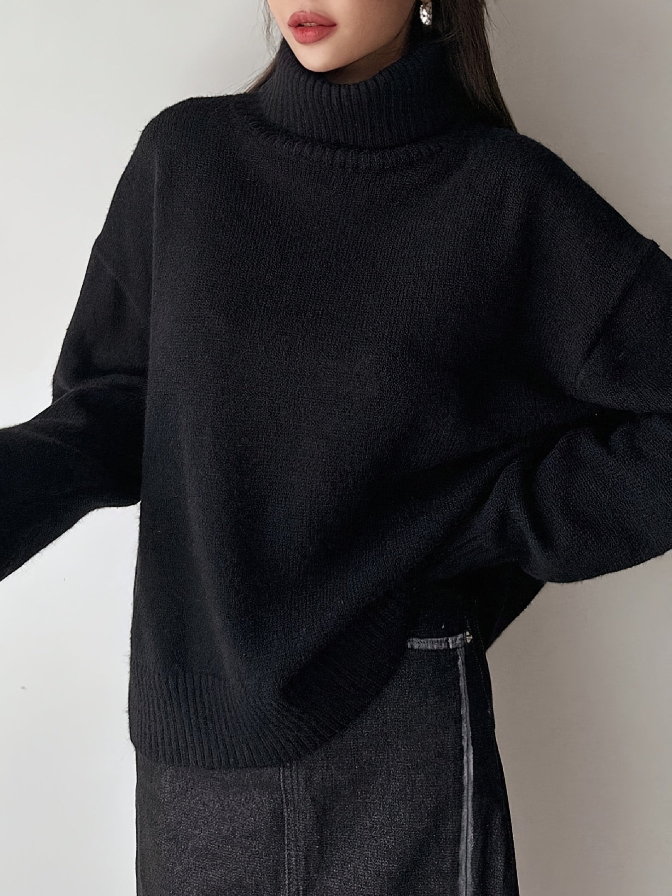 Elegant Stickad Tröja med Hög Krage