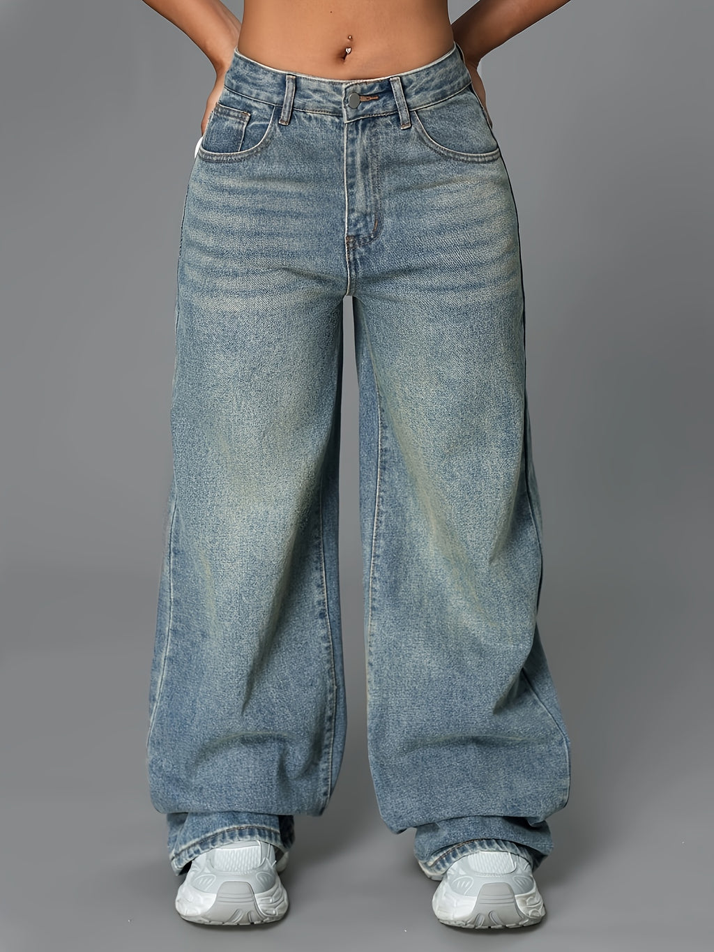 Baggy gråblå jeans med hög midja