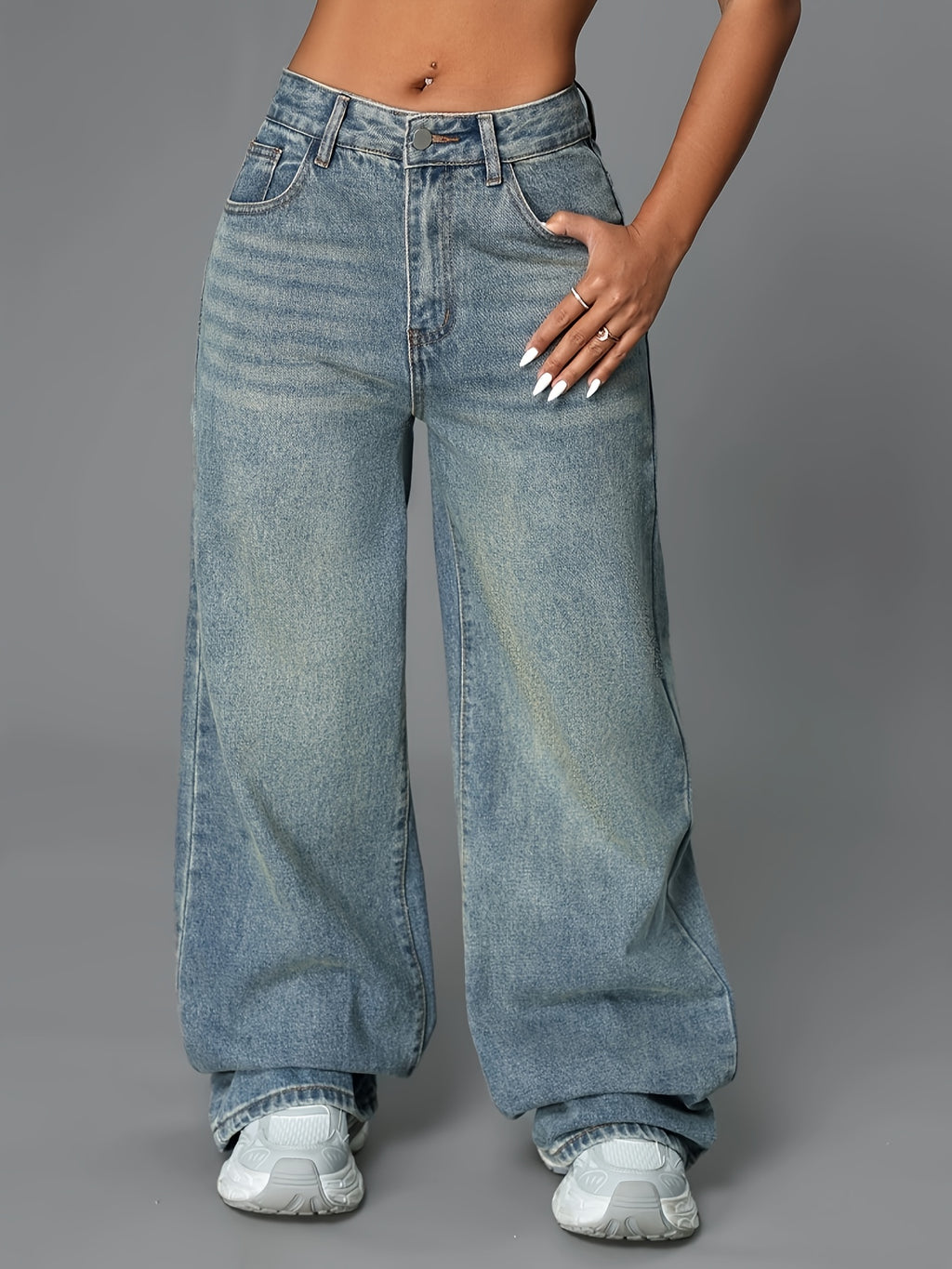 Baggy gråblå jeans med hög midja