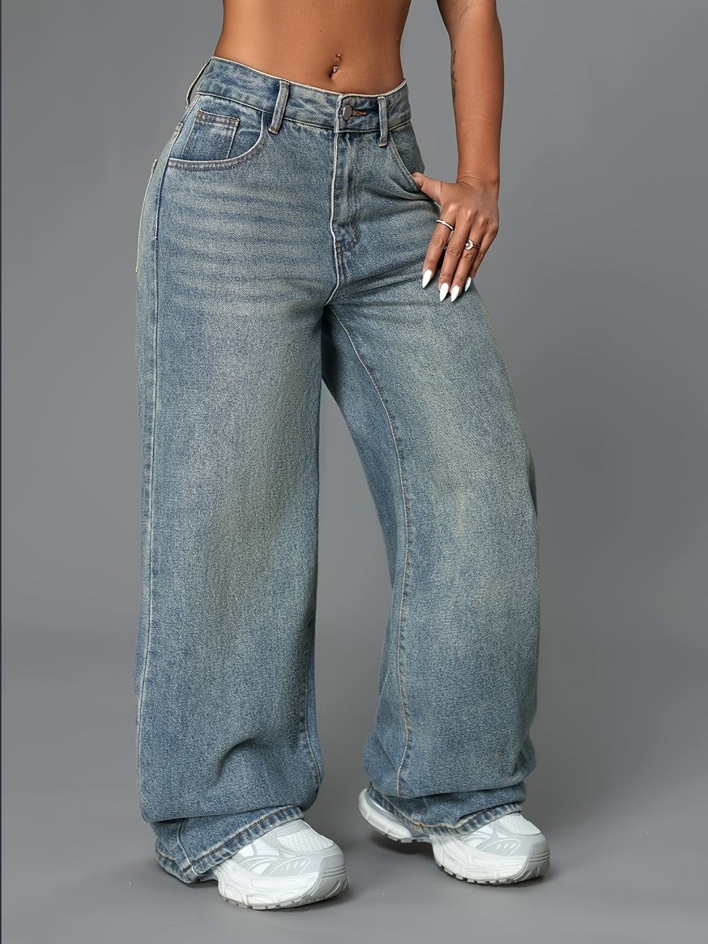 Baggy gråblå jeans med hög midja